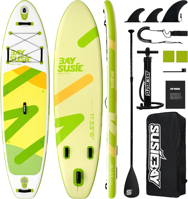 Inflatable Stand Up Paddle Board with SUP Accessories,Extra Wide Paddle Board Inflatable,Anti-Slip EVA Deck, Double Action Pump, 2+1 Removal Fins for Youth & Adult